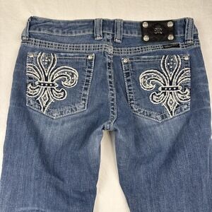 Miss Me  JEANS WOMENS 30/30 Boot Fleur De Lis‎ Rhinestone Medium Wash